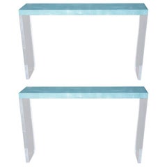 Pair of Turquoise Shagreen Consoles with Lucite Bases
