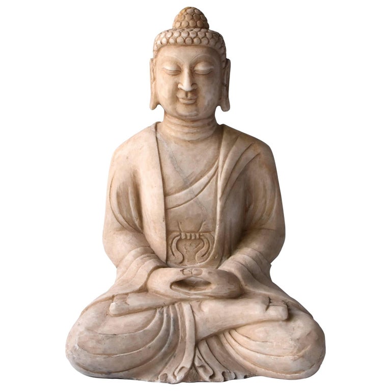 White Marble Stone Buddha Statue, Hand-Carved at 1stDibs