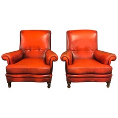 Pair of Vintage French Red Leather Club Chairs