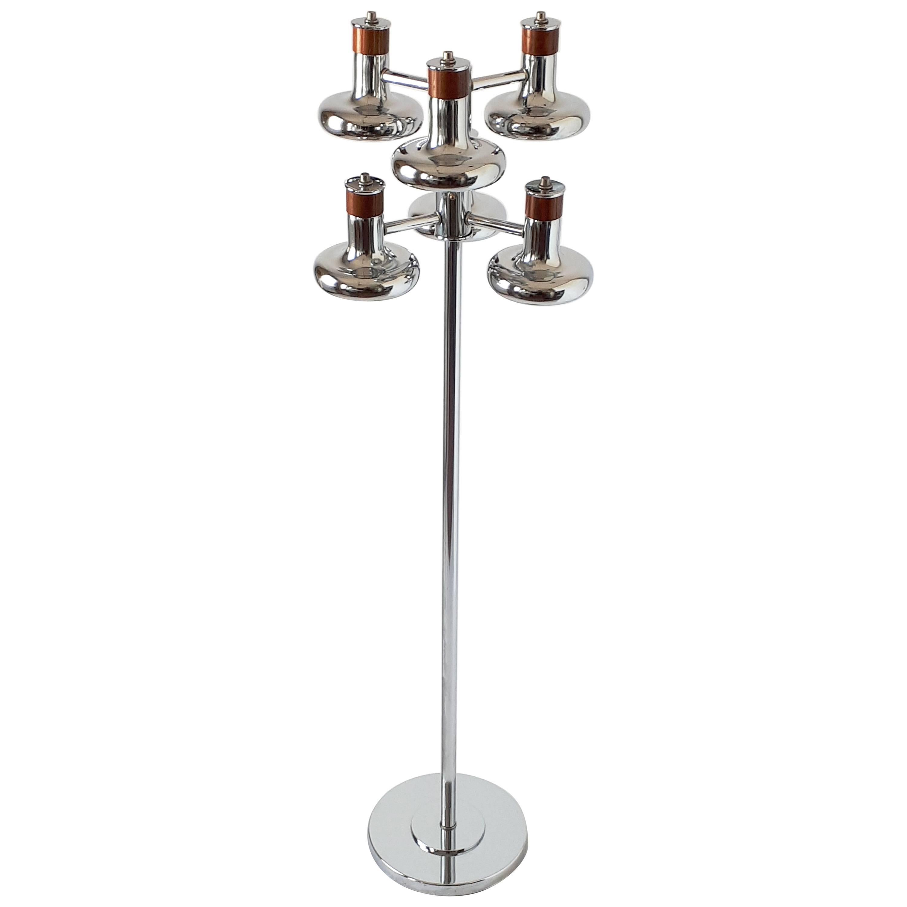 Six Heads Chrome Floor Lamp with Walnut Insert, 1970s, USA