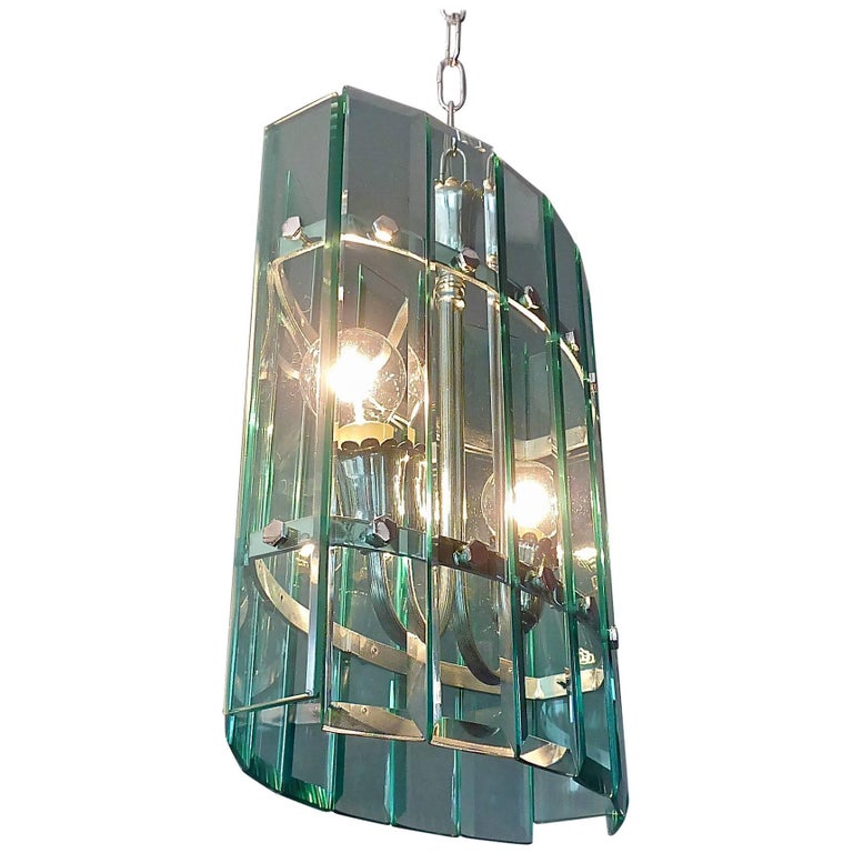 Green Faceted Glass Chrome Metal Chandelier Pietro Chiesa for Fontana Arte 1940s For Sale