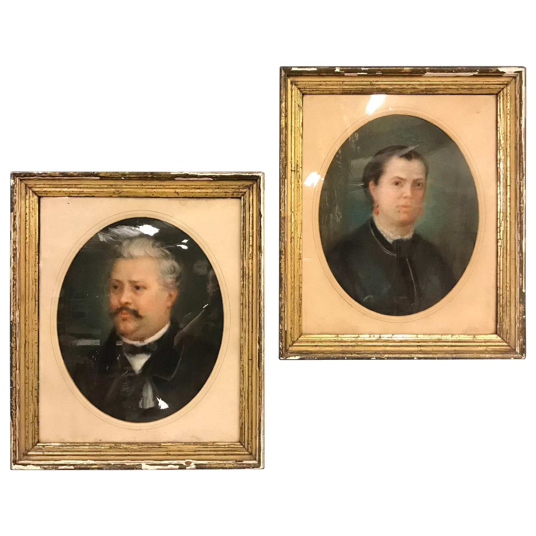 Pair of French Antique Portraits in Gilt Plaster Frames, Late 19th Century For Sale