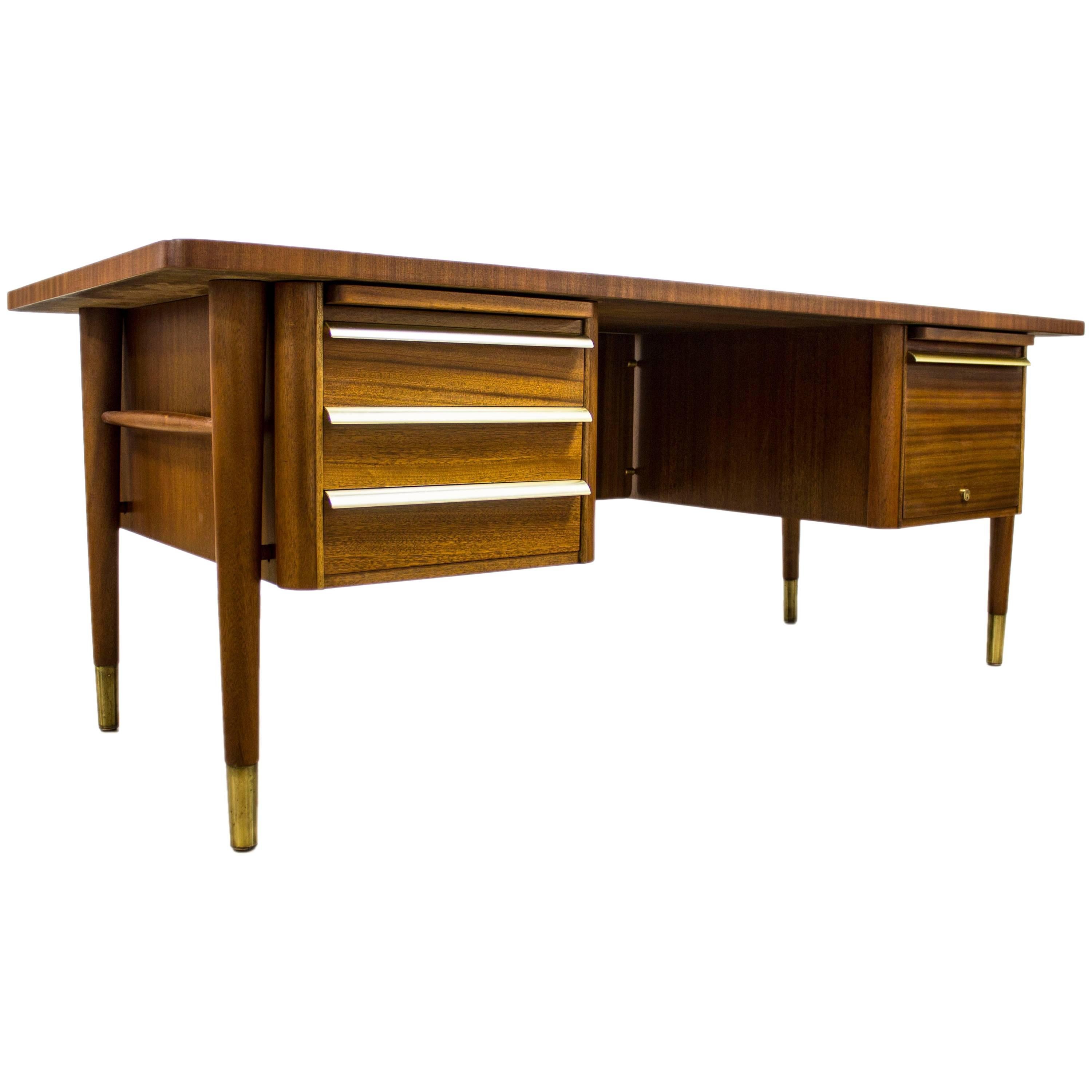 Abbess Rosewood and Brass Executive Desk Lockable G Plan Eames Era For Sale