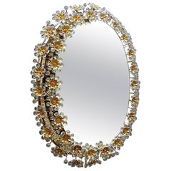 Large Palwa Backlit Mirror Oval Gilt Faceted Crystal Glass Flower 1970s