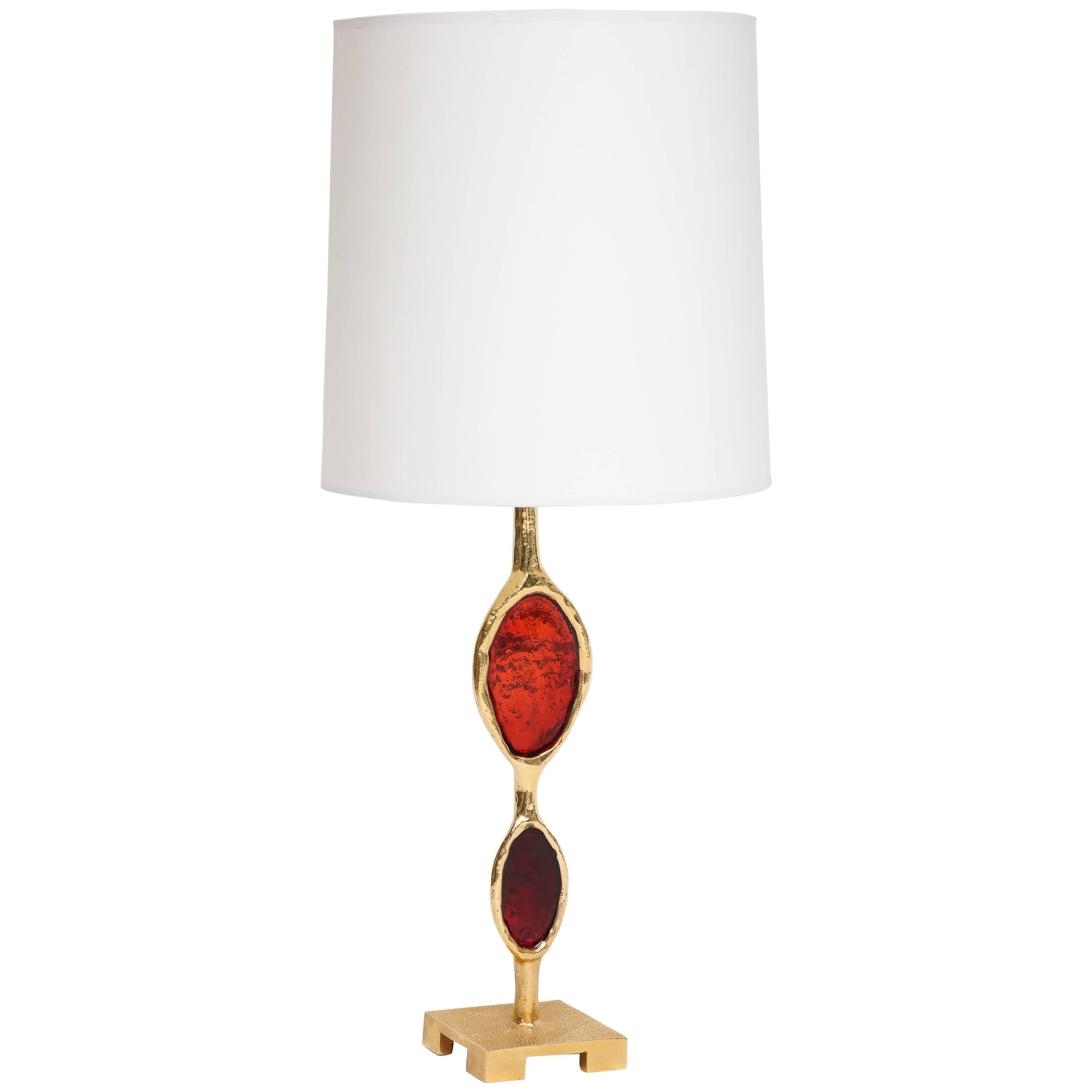 Fondica Bronze Table Lamp with Enameled Red Jewel Sections, 2000s, France