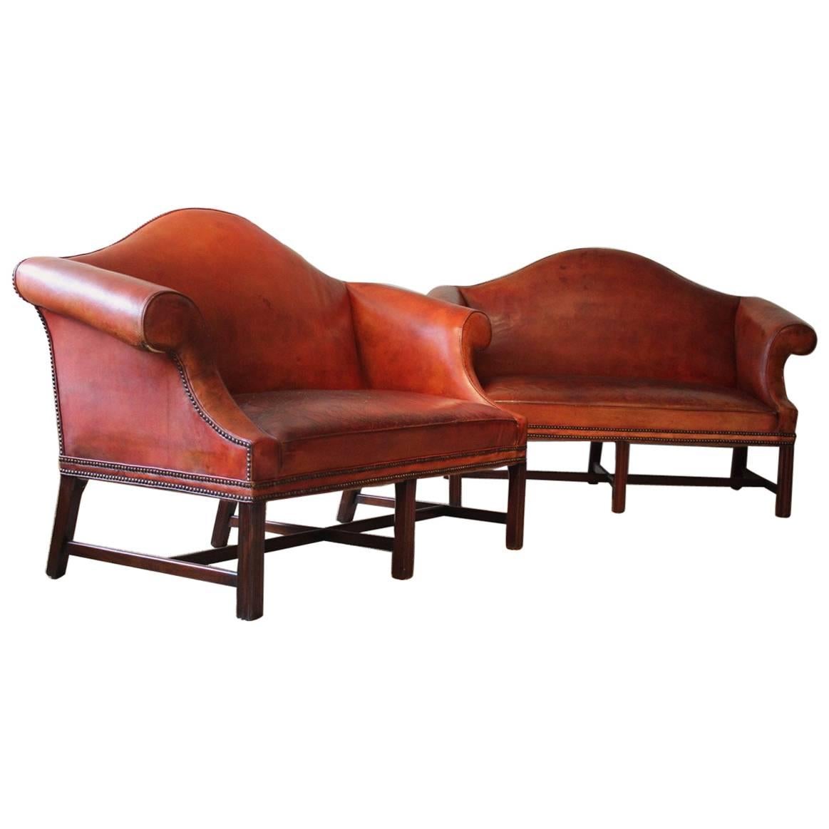 Pair of Early to Mid-20th Century English Humpback Leather Sofas