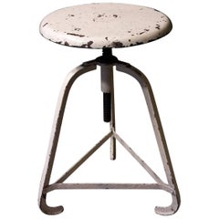 Retro 20th Century French White Adjustable Workshop Stool Made of Metal