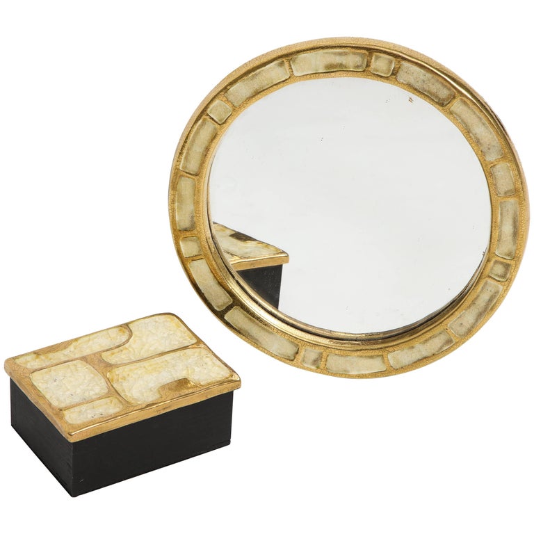 Mithé Espelt Ceramic Gold Enamel Mirror and Box, France, 1960s For Sale