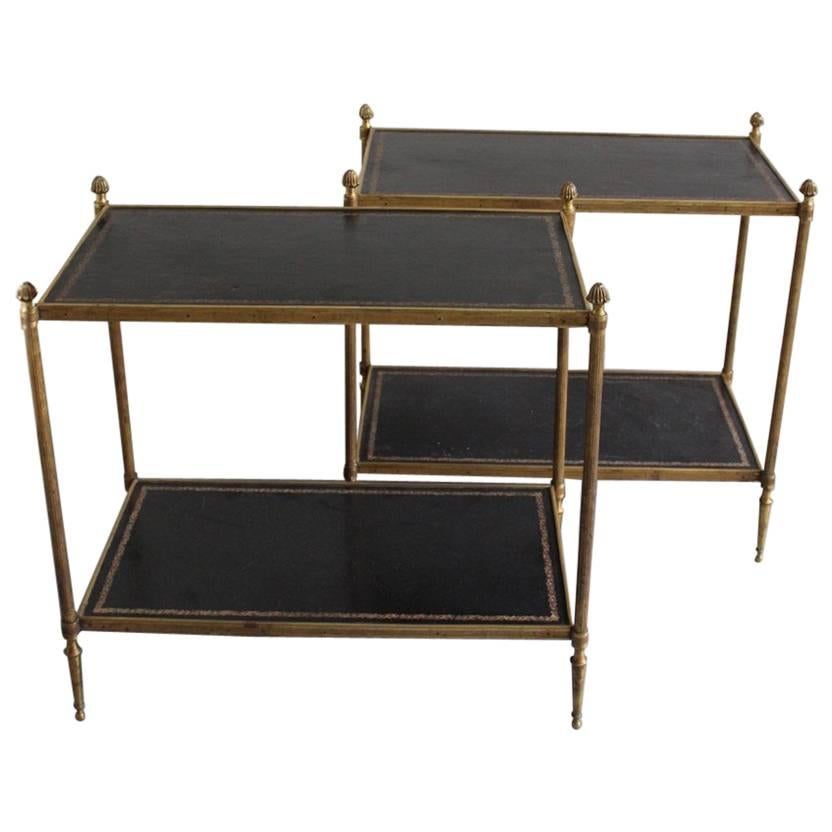 Fine Pair of 1940s Brass and Leather Occasional Tables