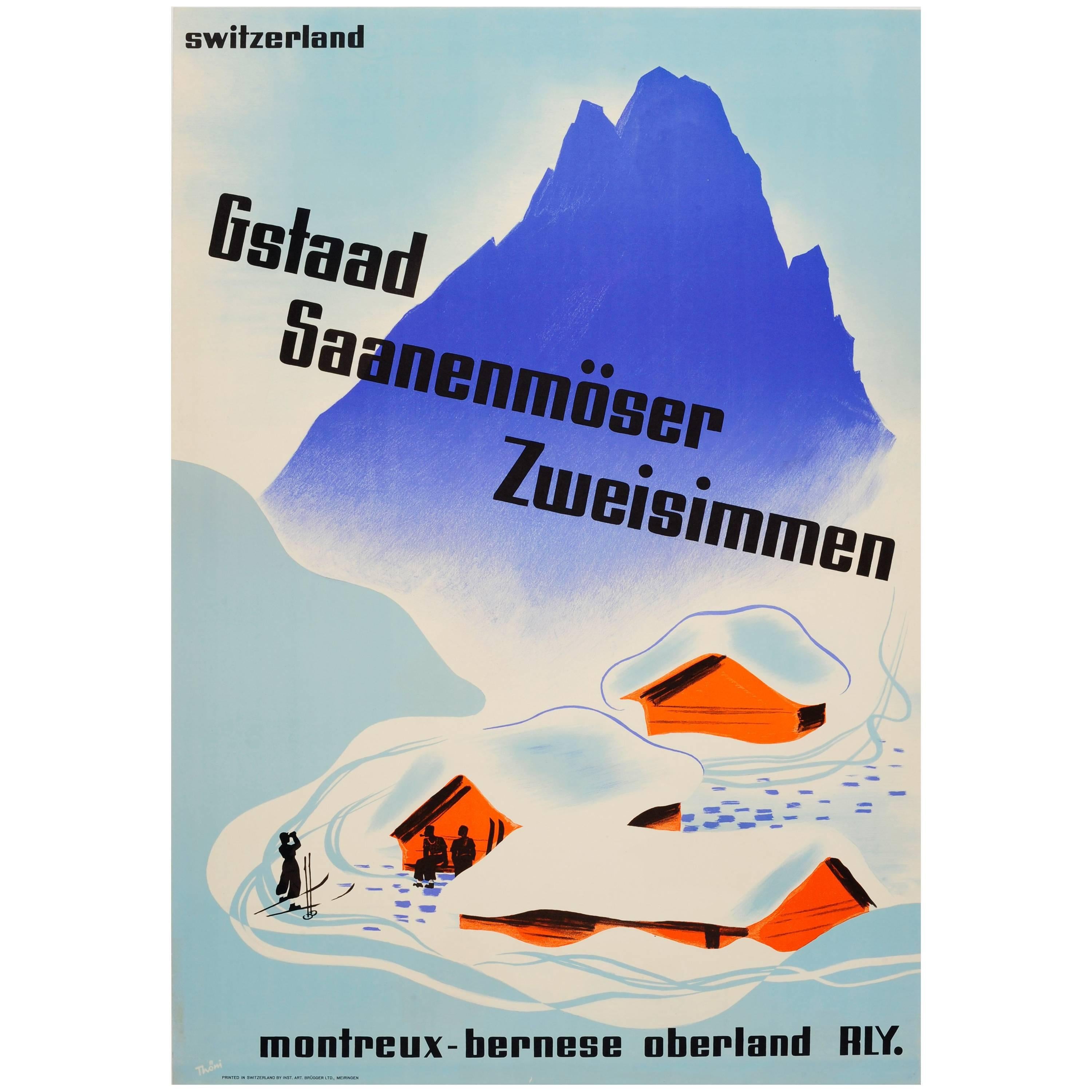 Original Vintage MOB Swiss Railway Winter Sport and Skiing Poster for Gstaad