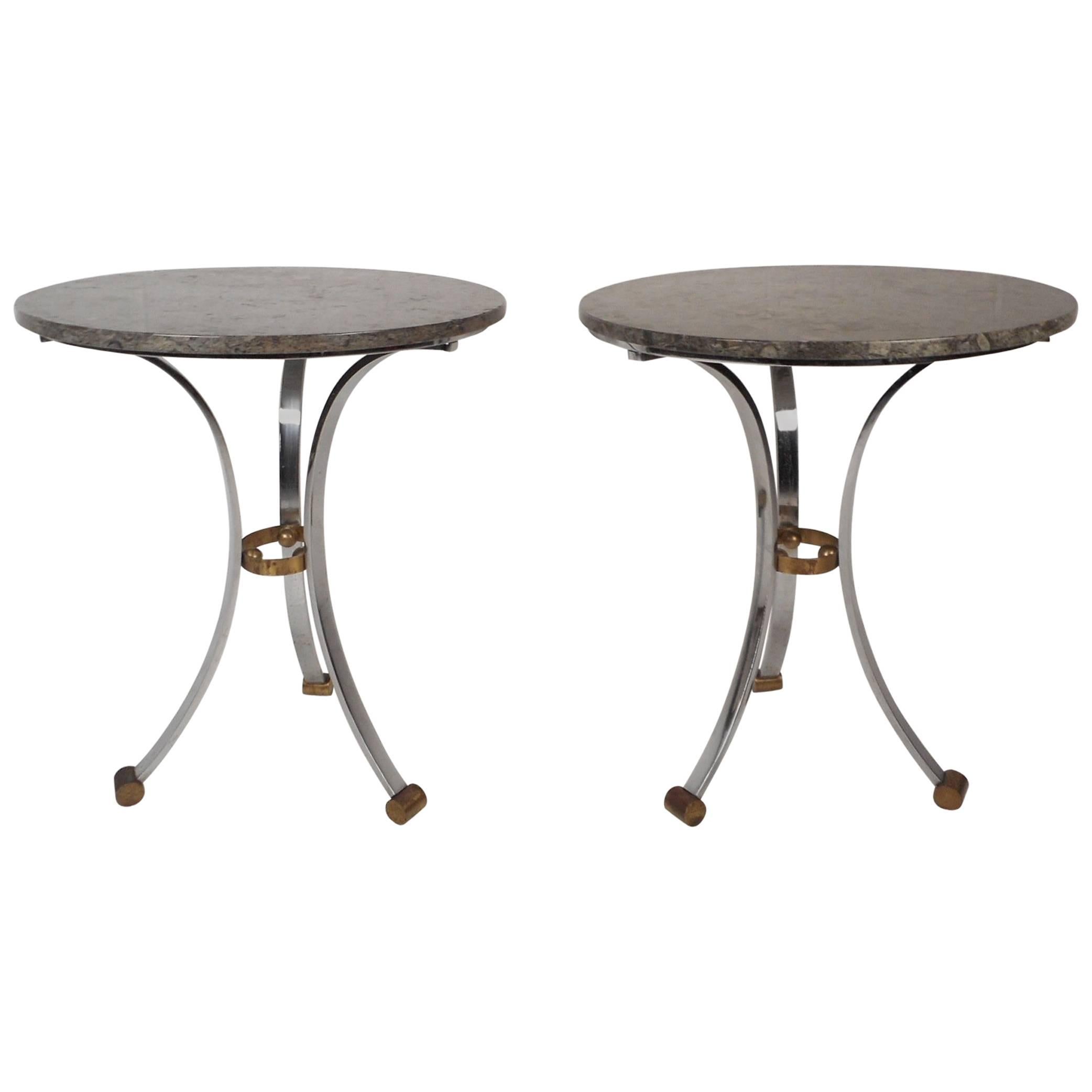 Pair of Mid-Century Modern End Tables with a Marble Top For Sale