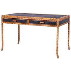 British Colonial Style Midcentury Faux Bamboo and Grasscloth Desk