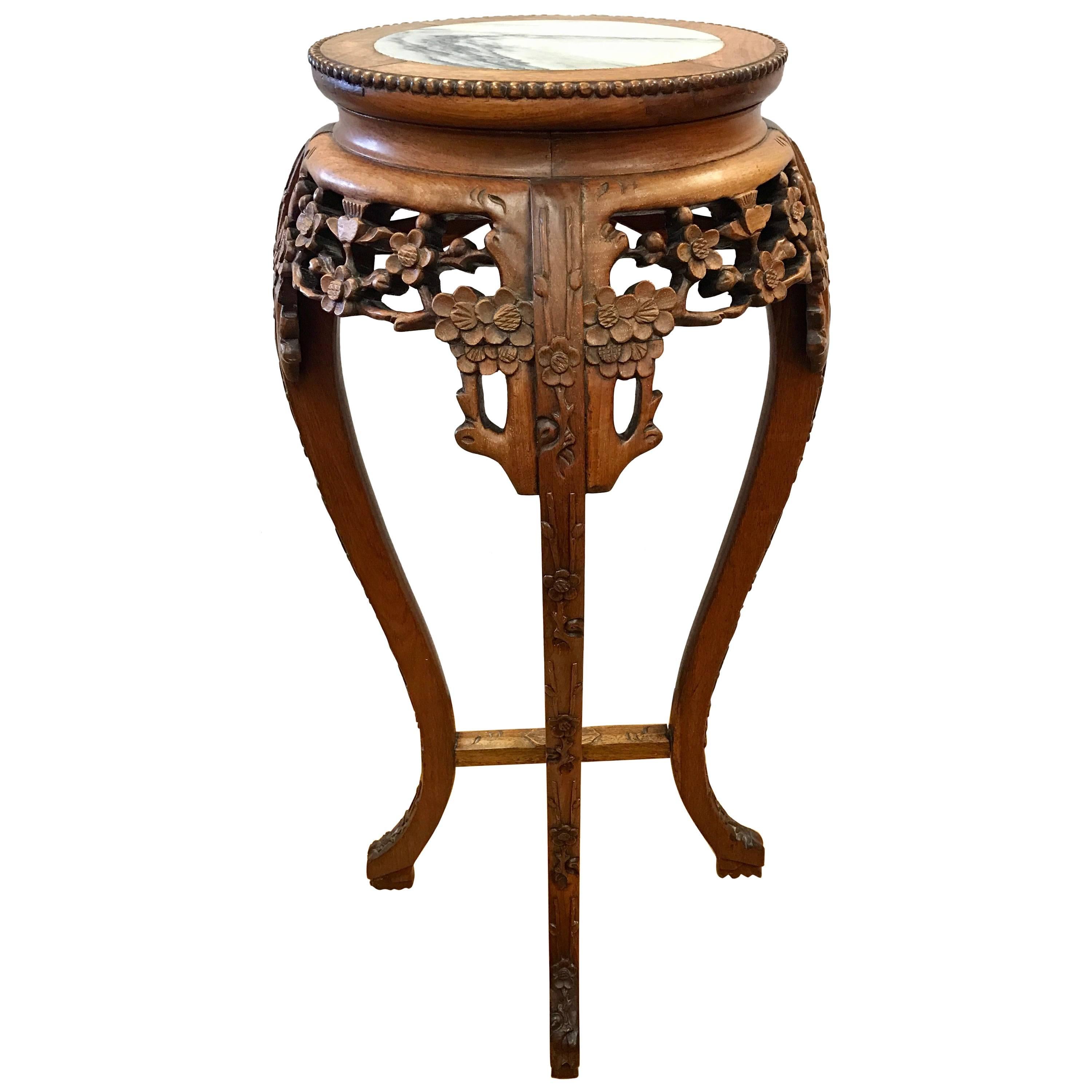 Carved Fruitwood Chinese Stand with Marble Top