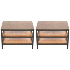 Pair of Ebonized End/Side Tables with Caned Shelves by Paul McCobb for Calvin