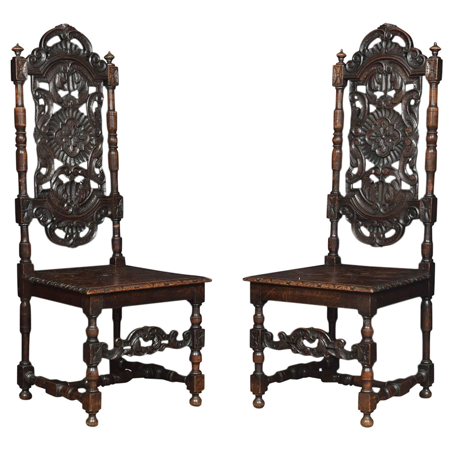 Pair of Victorian Jacobean Revival Carved Oak Side Chairs