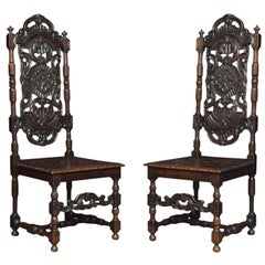 Antique Pair of Victorian Jacobean Revival Carved Oak Side Chairs