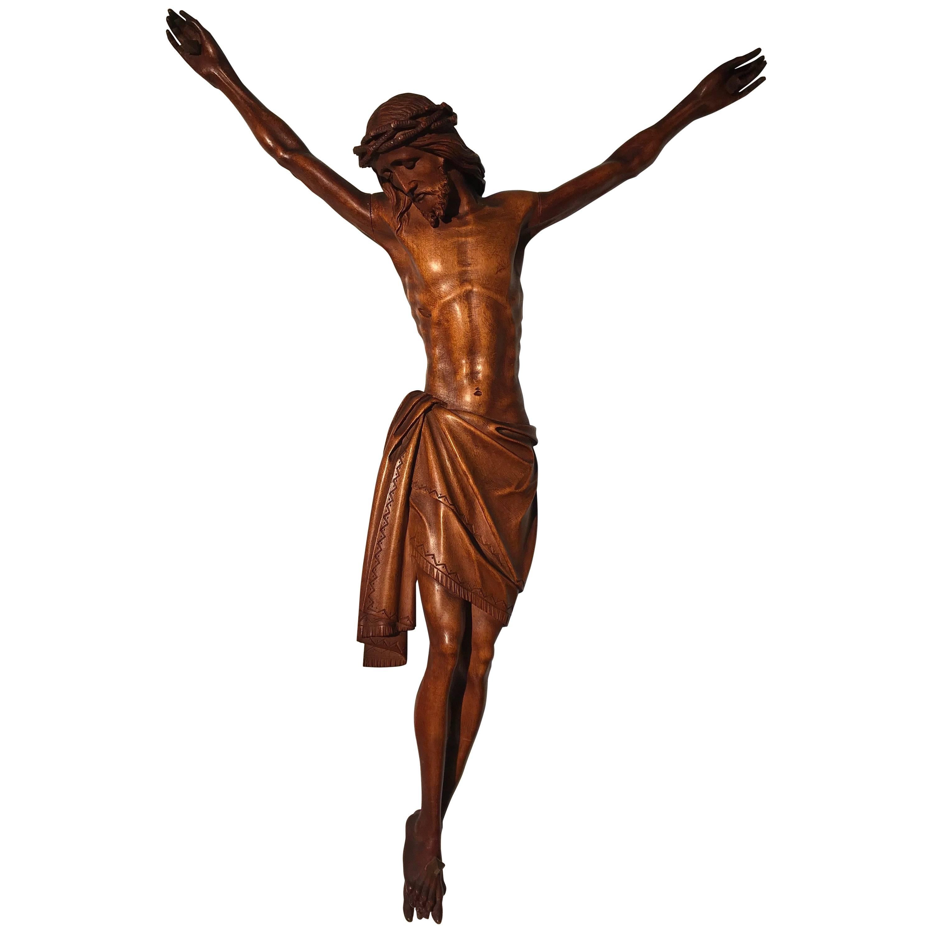 Early 1900s Finest Handcarved Wood Corpus of Christ Sculpture for Wall Mounting