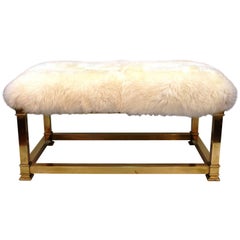 Mid-Century Modern Sheepskin and Brass Bench