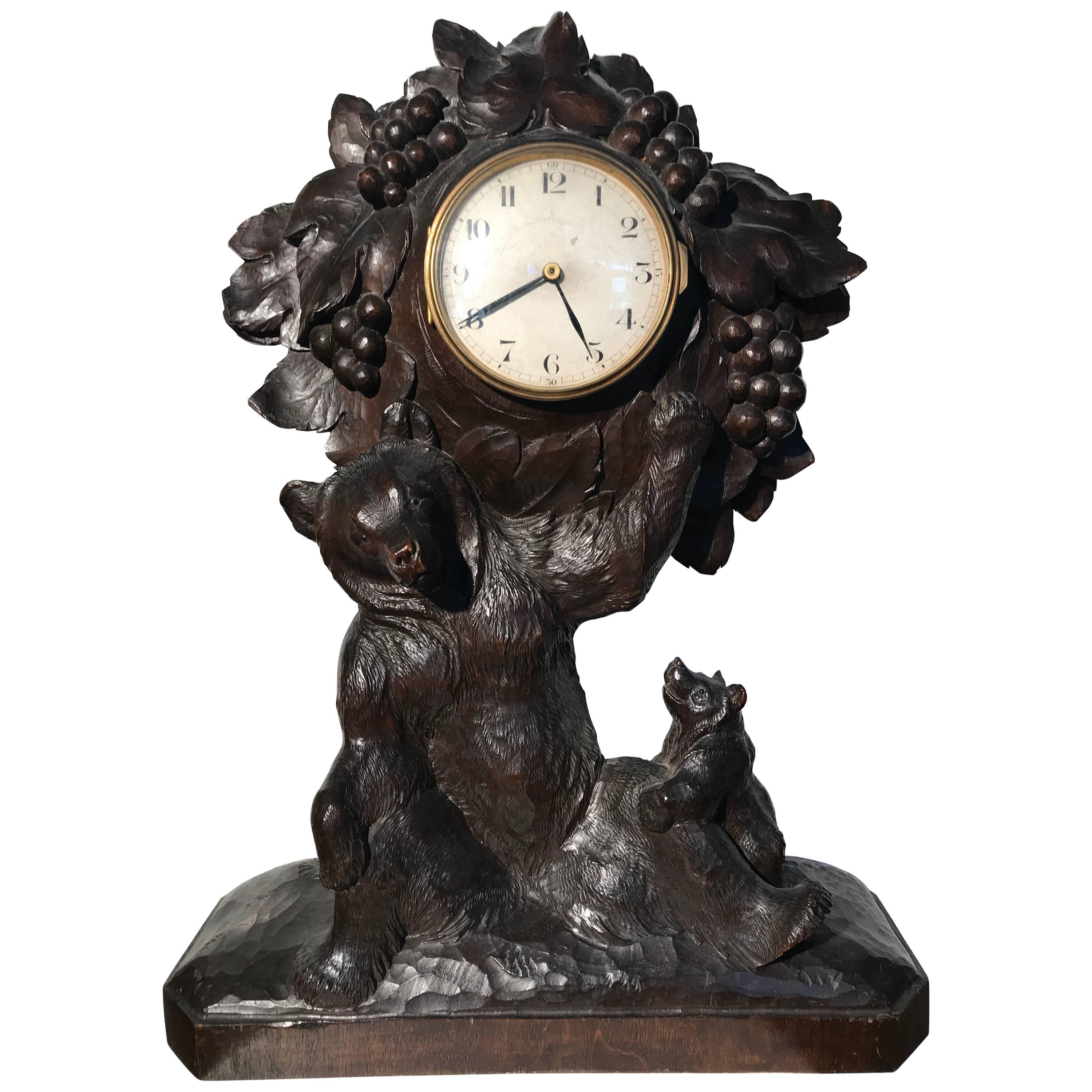 Sizable Antique & Hand-Carved Black Forest Wooden Adult Bear and Cub Table Clock