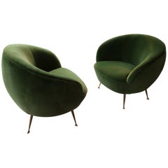 1950s Italian Armchairs, Pair, Reupholstered in Green Velours