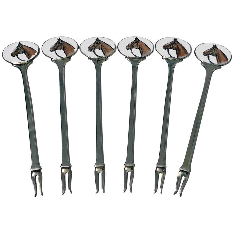 Six Sterling Enamel Cocktail Martini Sticks, Birmingham 1960 Alexander