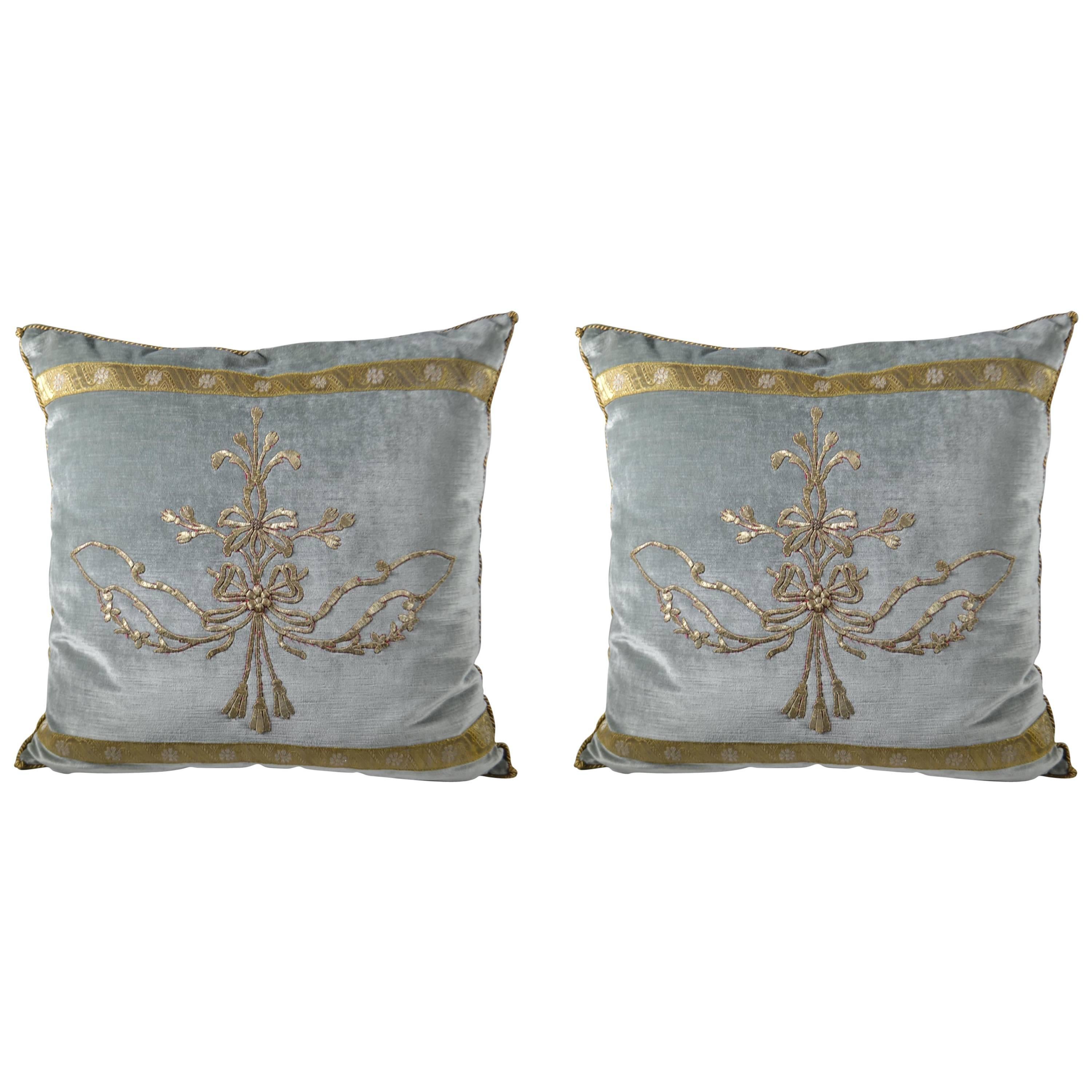 Pair of Antique Ottoman Empire Metallic Trimmed Pillows