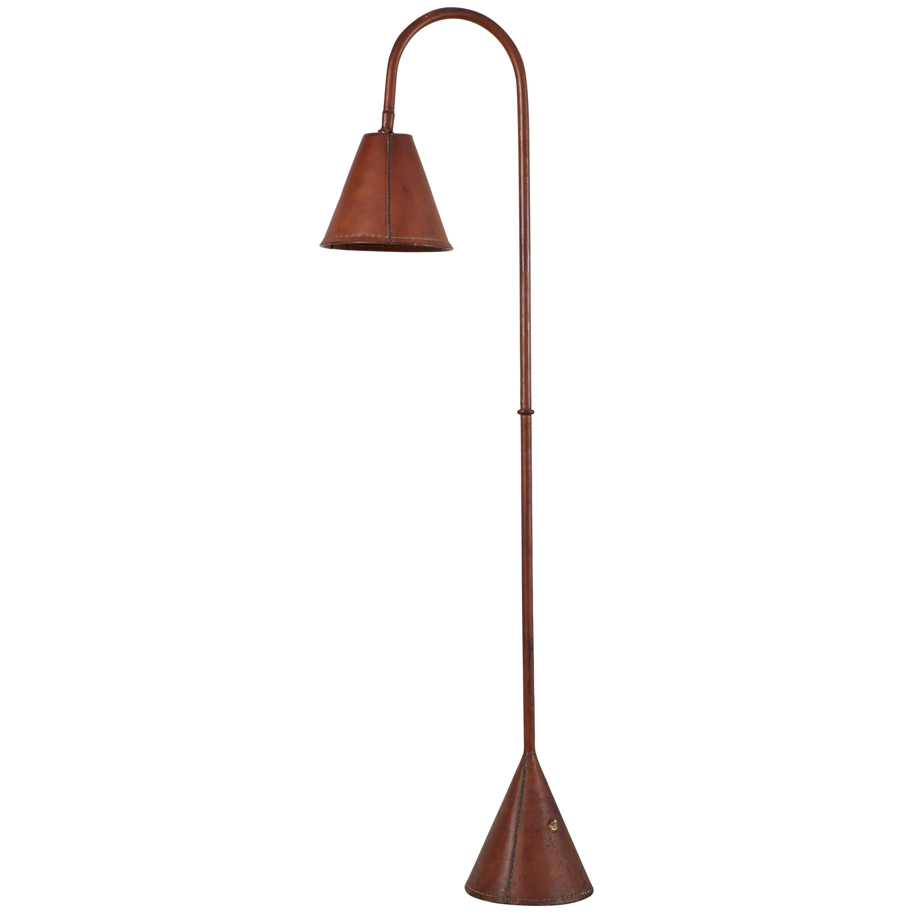Spanish Leather Wrapped Floor Lamp in the style of Jacques Adnet
