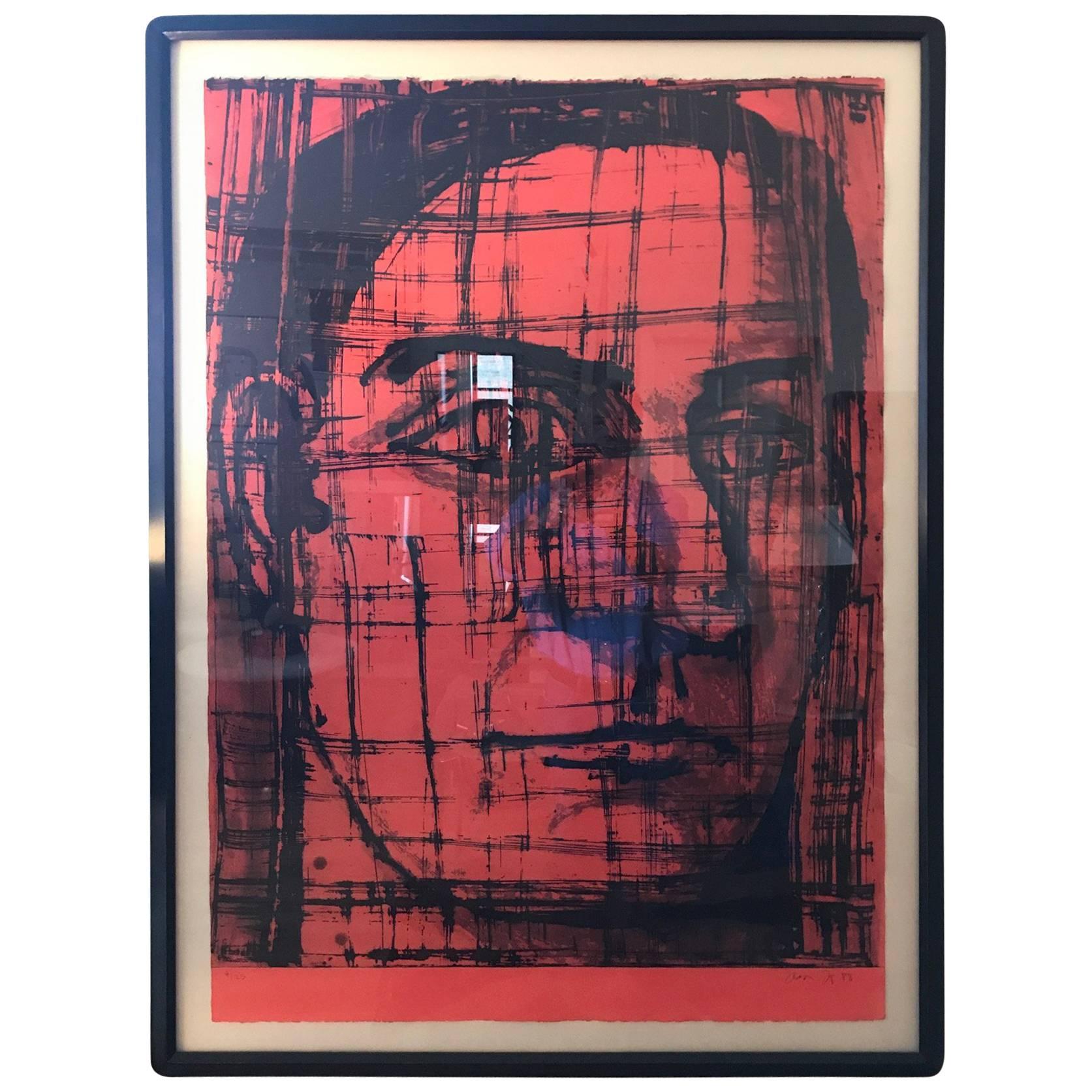 Large Red and Black Portrait Lithograph by Aaron Fink