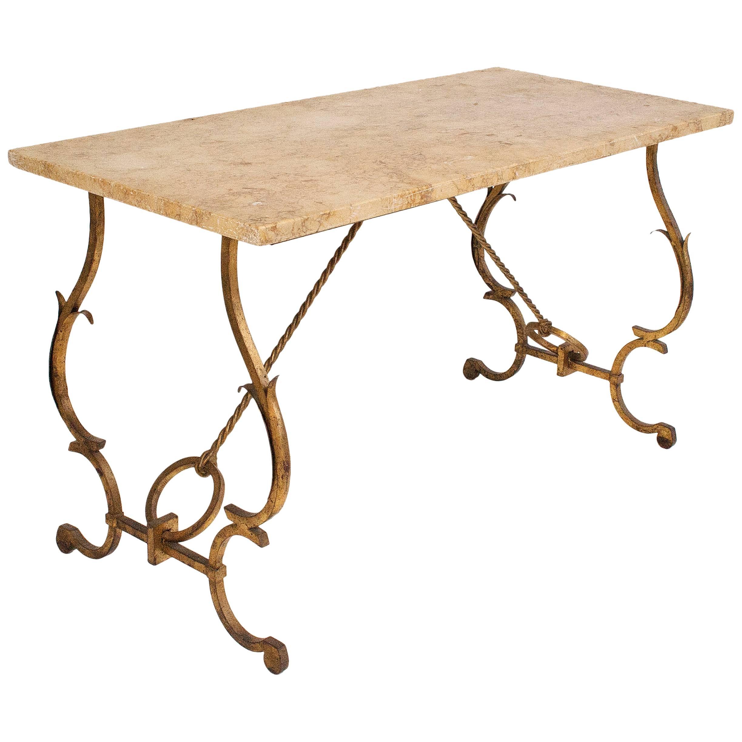 Gilbert Poillerat-Style Gilded Iron and Marble Console, circa 1960, France