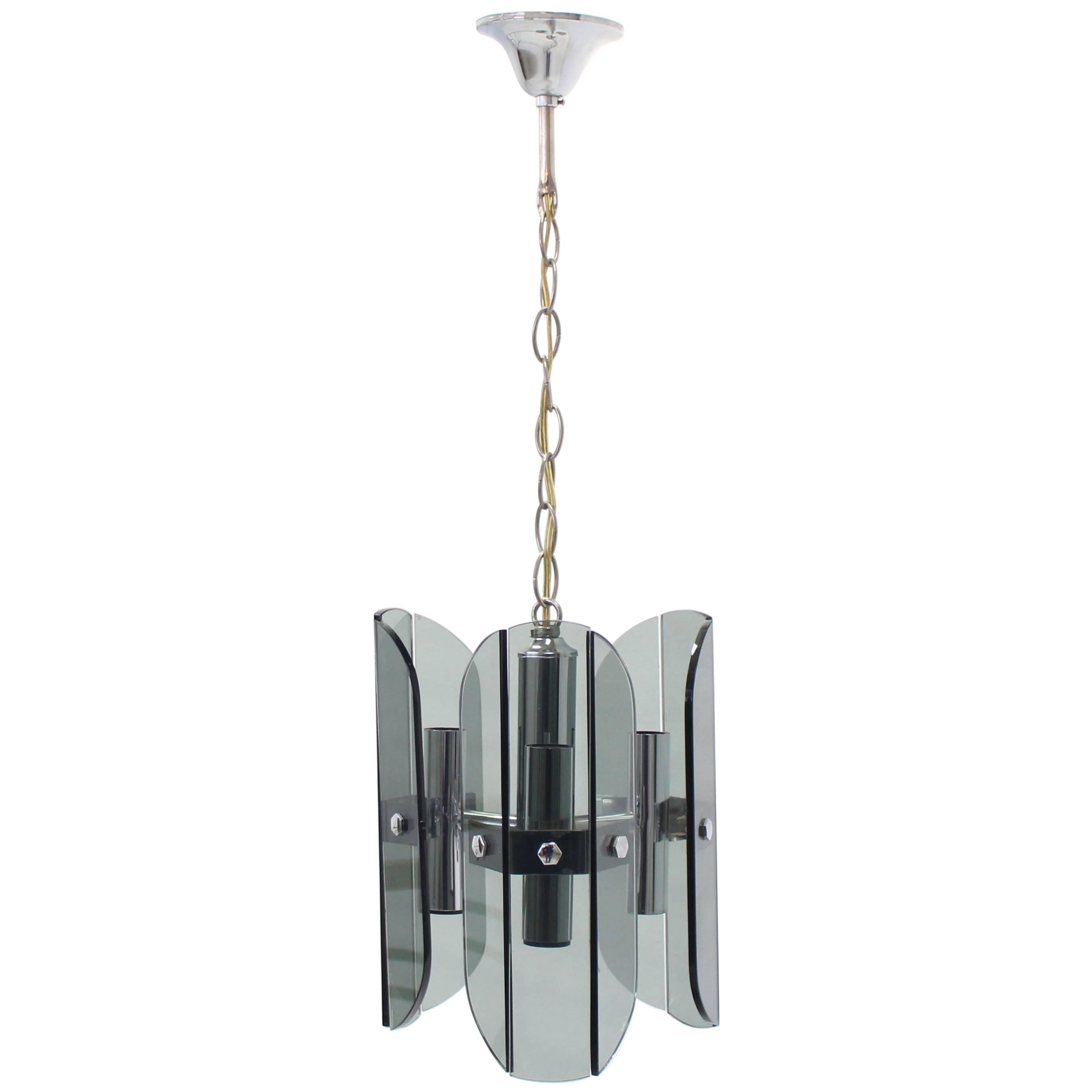 Veca Smoked Glass Chrome Light Fixture Pendant Chandelier For Sale