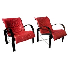 Pair of Red Leather and Black Lacquered Lounge Chairs, 1970s