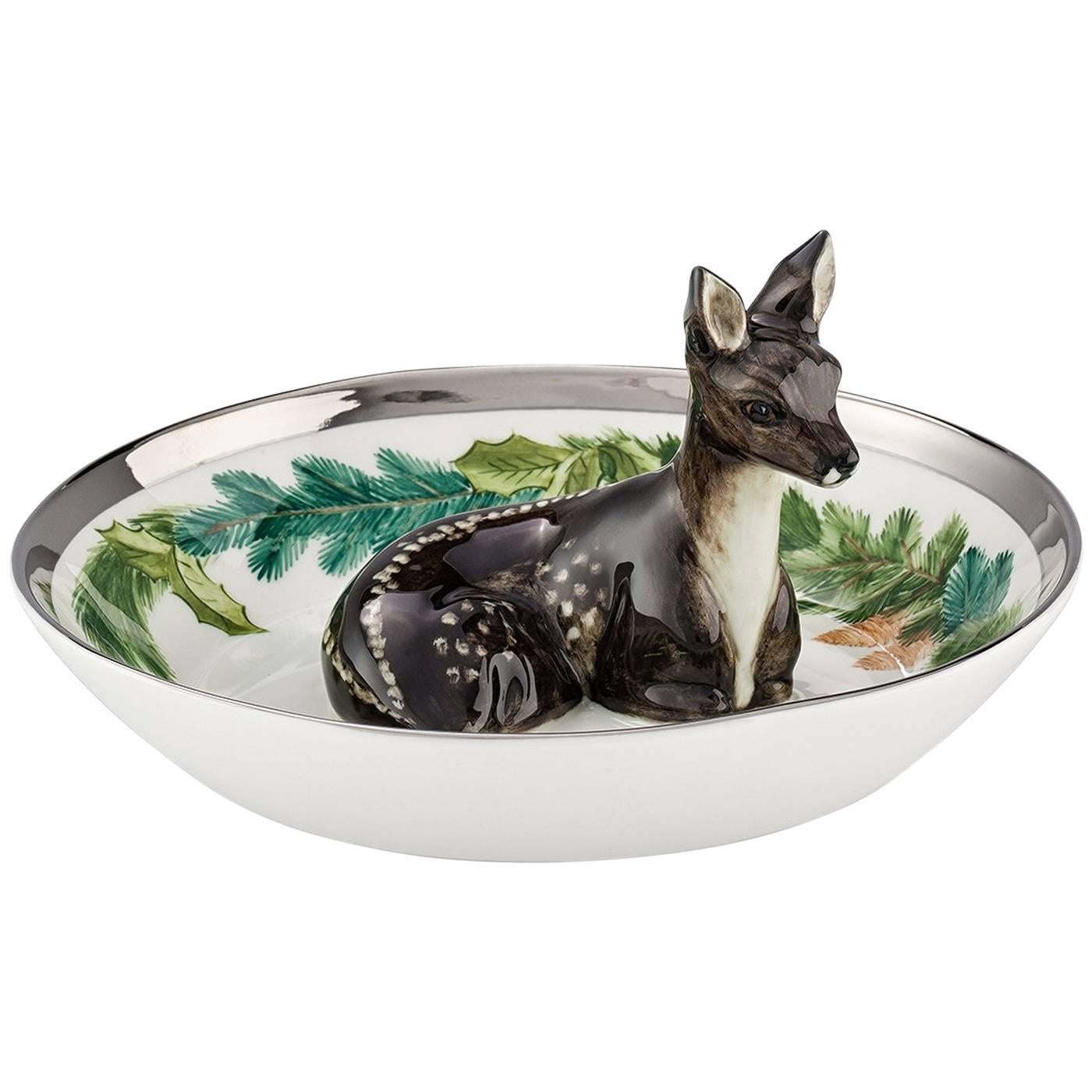 Black Forest German Porcelain Bowl with Deer Figure and Garlande