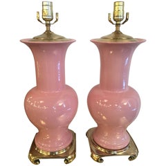 Pair of Pink Ceramic and Brass Table Lamps from Breakers Hotel in Palm Beach