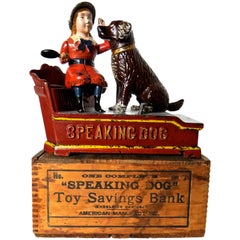 Mechanical Bank "Speaking Dog" circa 1885 with Original Wooden Box