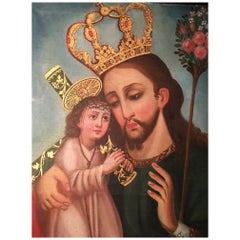 Peinture de l'école Cuzco Ex Voto représentant Saint Joseph tenant l'enfant du Christ.