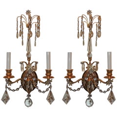 Wonderful Pair of French Dore Bronze Neoclassical Two-Arm Draped Crystal Sconces
