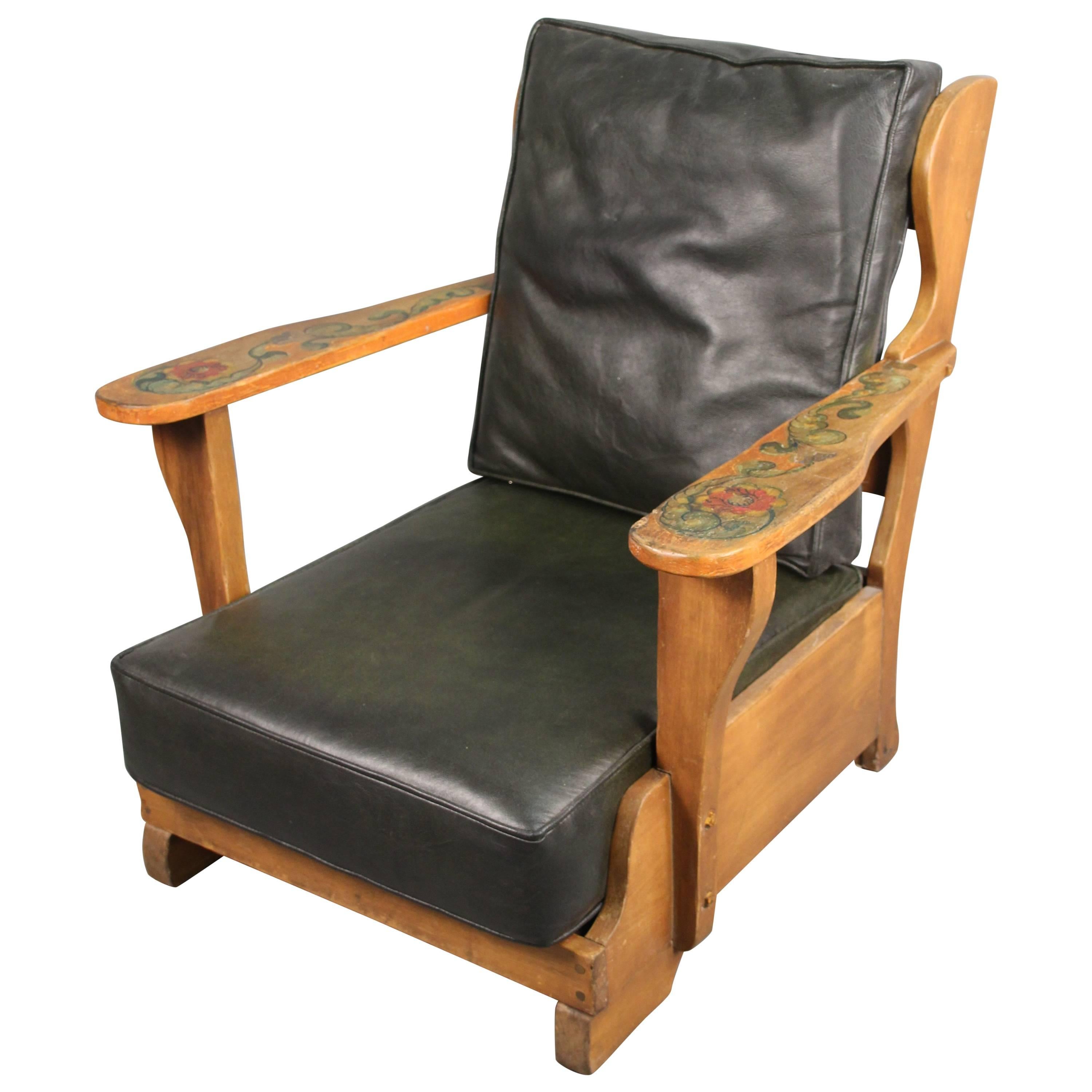 Signed Monterey Armchair with New Dark Green Leather Upholstery, circa 1930s
