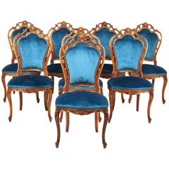 Vintage Set of Eight Italian Carved Walnut Rococo Style Chairs, circa 1950