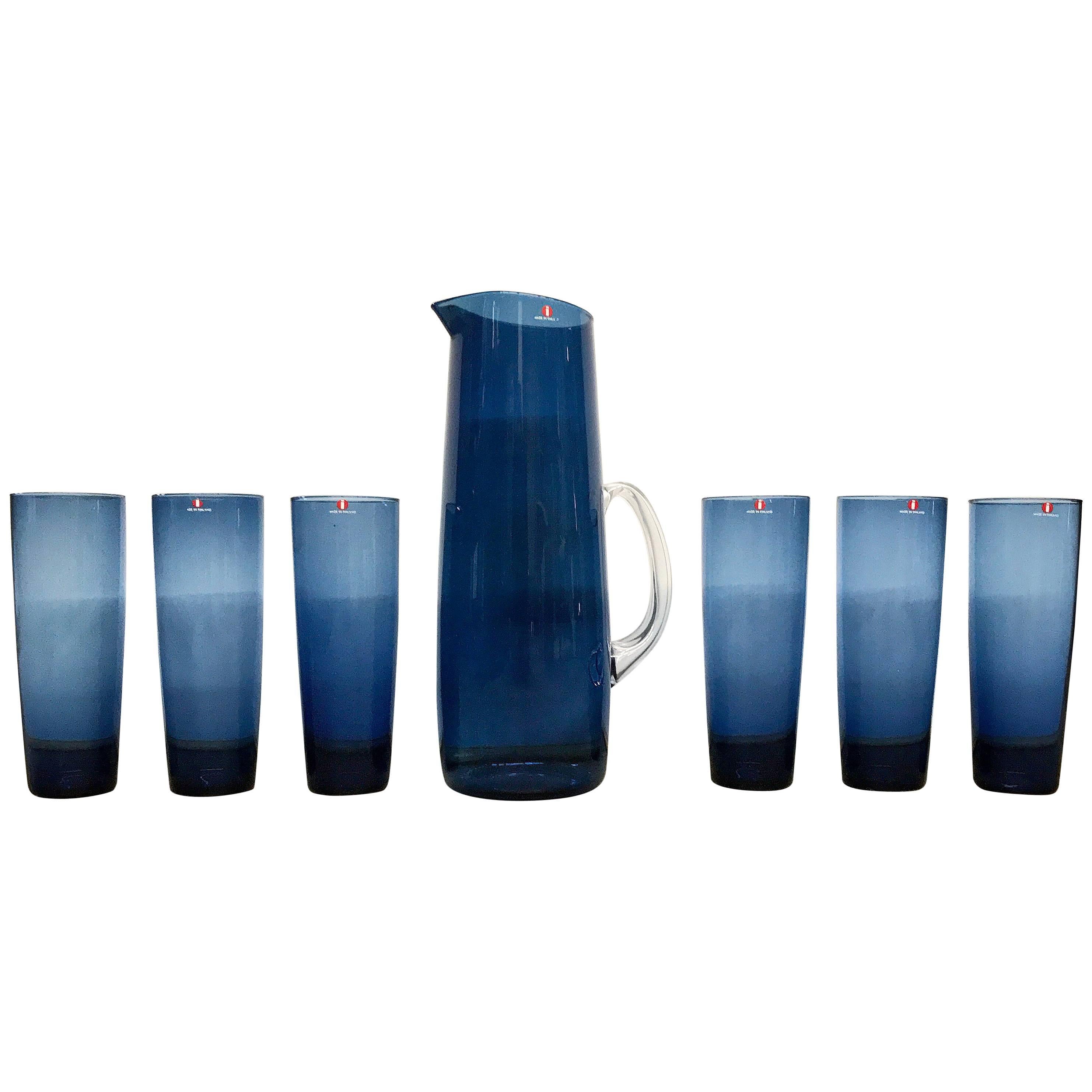 Vintage Timo Sarpaneva for Iittala Pitcher and Glass Set in Blue
