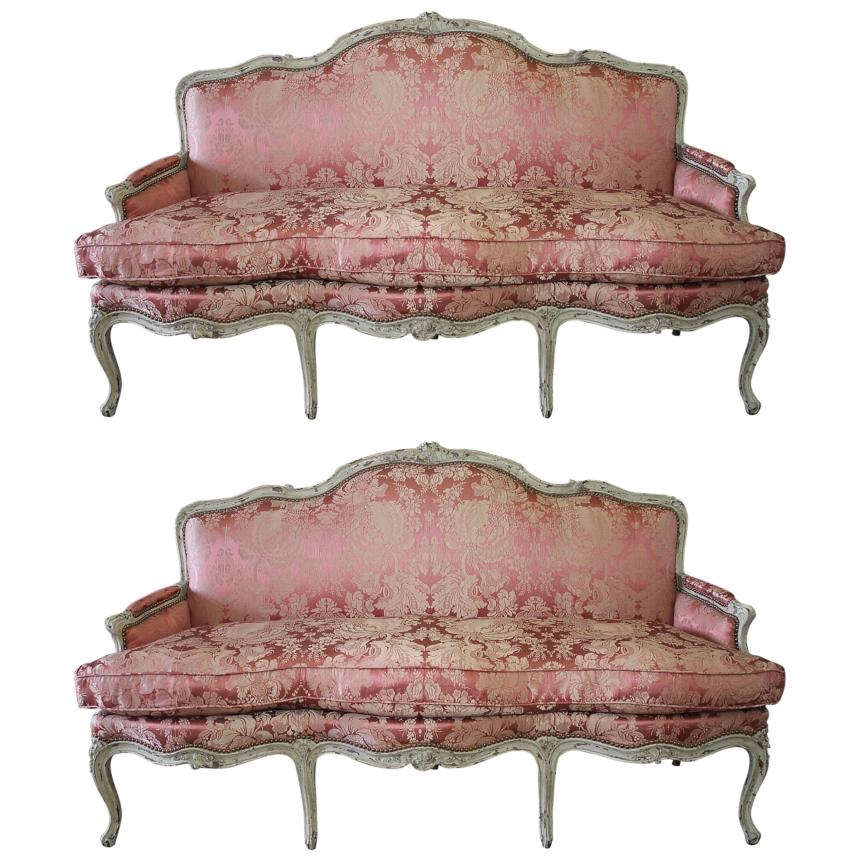 Set of Two 19th Century Louis XV Style Painted and Upholstered Silk French Sofa