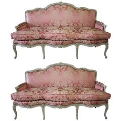 Antique Set of Two 19th Century Louis XV Style Painted and Upholstered Silk French Sofa