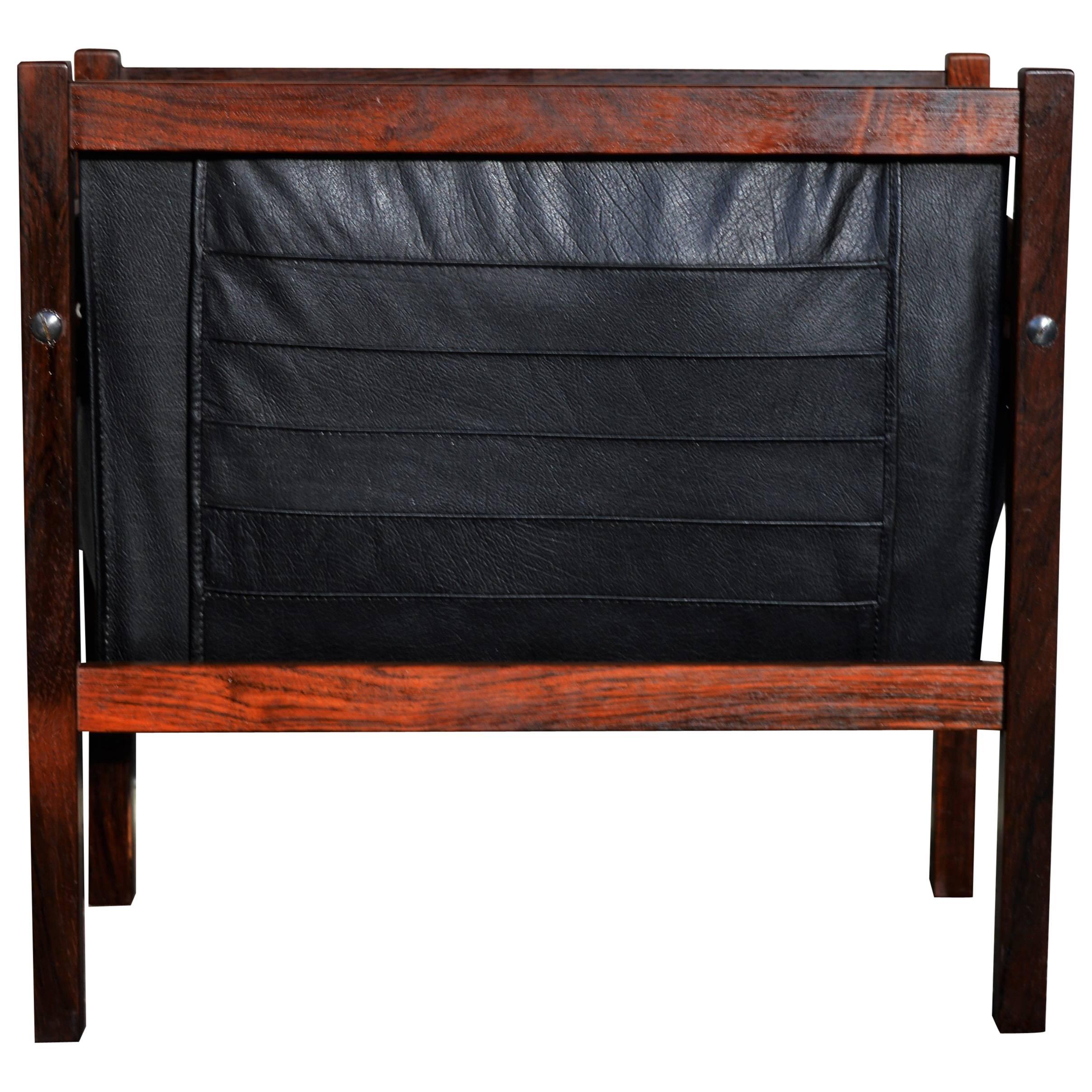 Danish Modern Rosewood and Black Leather Magazine Rack For Sale