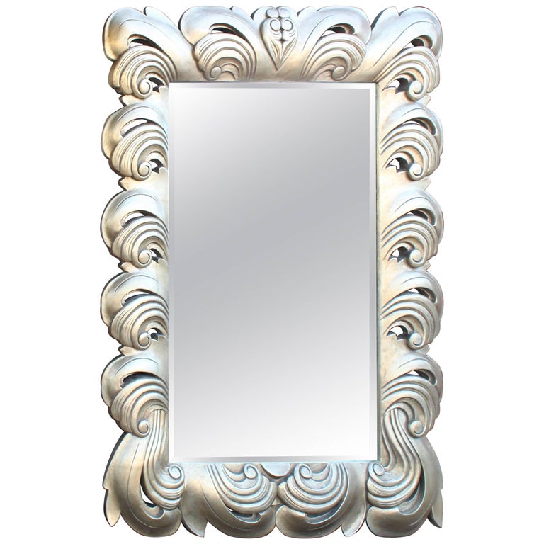 Huge Large Silver Leaf Decorative Frame Mirror For Sale at 1stDibs
