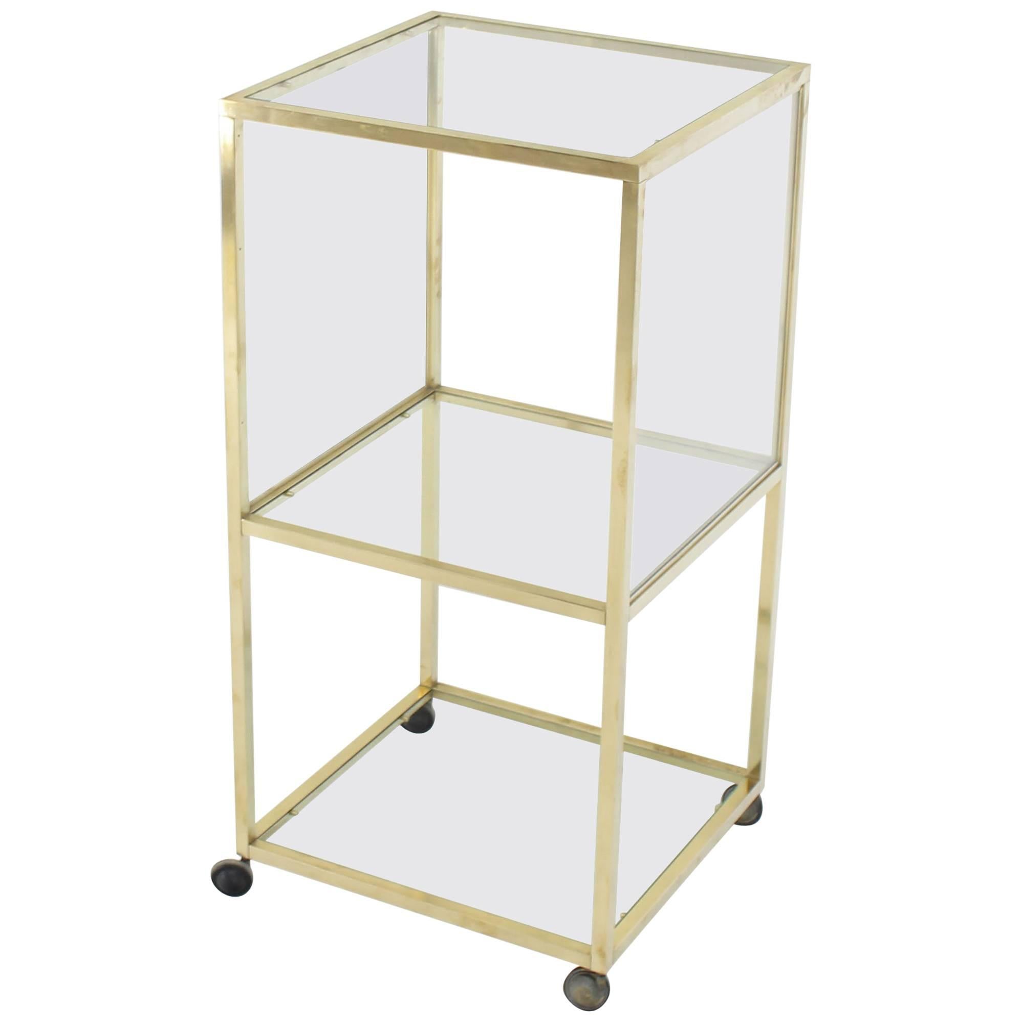 Brass Square Profile Glass Three-Tier Cube Shape Cart Wheels Display Cabinet For Sale