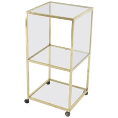Antique Brass Square Profile Glass Three-Tier Cube Shape Cart Wheels Display Cabinet