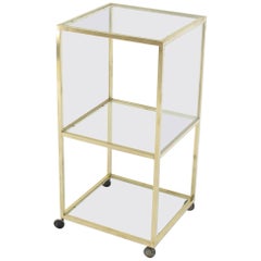 Brass Square Profile Glass Three-Tier Cube Shape Cart Wheels Display Cabinet