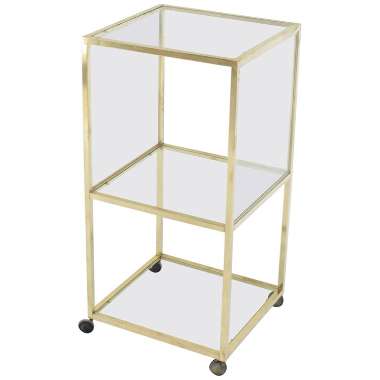 Brass Square Profile Glass ThreeTier Cube Shape Cart Wheels Display