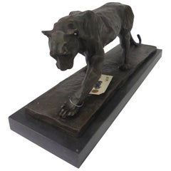 Art Deco Style Bronze Lioness Statue on Marble Base