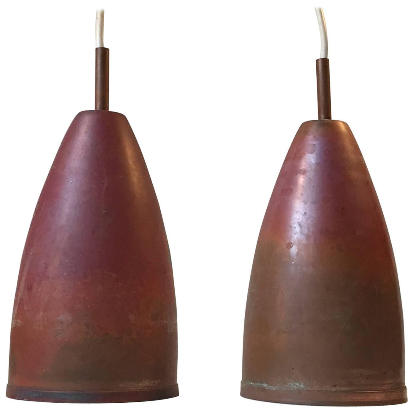 Pair of Midcentury Danish Copper Pendant Lights with Red Patina