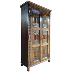 Antique Oak Wardrobe Hall Cupboard Gothic Heavily Carved, 19th Century